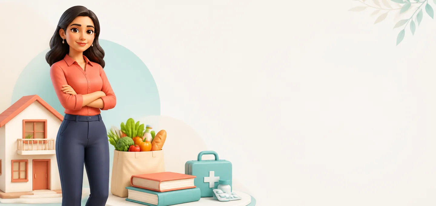 Adult cartoon woman placing home food education and medicine first