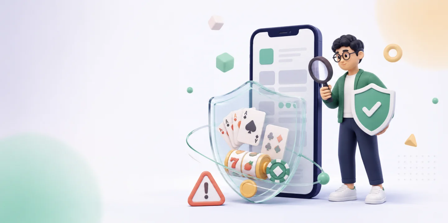 Cartoon editorial researcher checking a generic card-game phone with a magnifying glass and safety shield